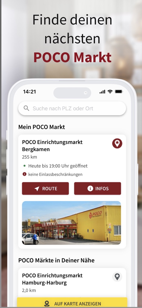 POCO I Möbel, Deko & Prospekte - Esta funcionalidade permite encontrar o "Mein POCO Markt" mais próximo e ver informações como distância e "Öffnungszeiten" (horário de funcionamento).