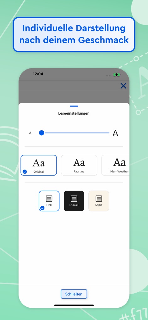 Onleihe 3 - La aplicación ofrece amplias "Leseinstellungen" para personalizar la experiencia de lectura, incluyendo diversas opciones de fuentes como "Original" y "Faustina", y temas de fondo como "Hell" (claro) y "Dunkel" (oscuro) para mayor comodidad visual.