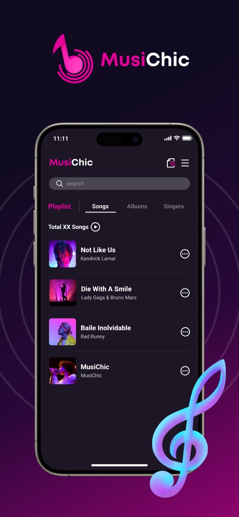 MusiChic-Offline Music Player - La pantalla principal exhibe una intuitiva barra de búsqueda y una lista de canciones organizada por categorías como 'Playlist' y 'Songs', facilitando a los usuarios encontrar su música rápidamente.