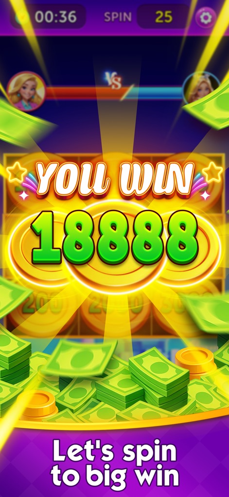 Cash Carnival - Win Real Money - La aplicación notifica una victoria significativa con el mensaje 'YOU WIN', mostrando una impresionante cantidad de '18888' como recompensa instantánea al jugador.