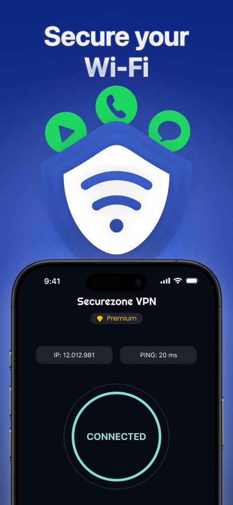 VPN Super Fast Securezone Best - A tela confirma que a VPN está "CONNECTED", exibindo o endereço IP e o PING, com um escudo protetor e o ícone de Wi-Fi.