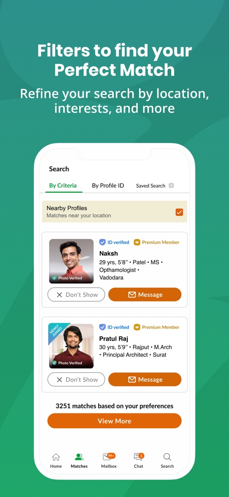 GujaratiMatrimony - Shaadi App - Gli utenti possono affinare la ricerca con "Nearby Profiles" e visualizzare profili "ID verified", garantendo risultati pertinenti e affidabili.