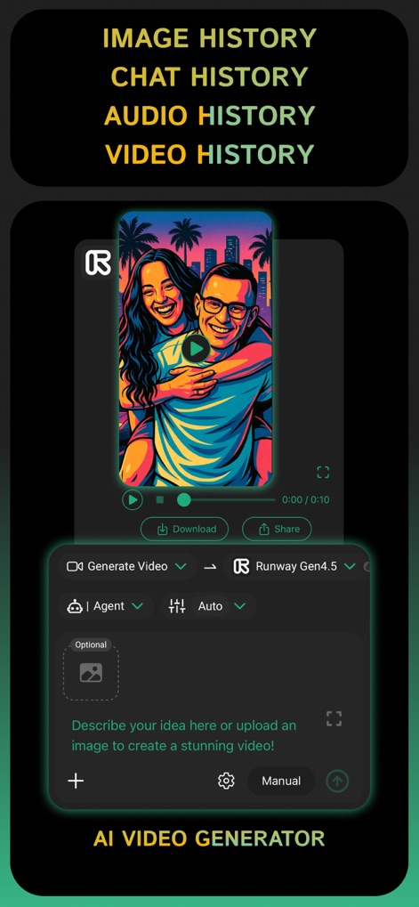 Clever AI Hub - Pro AI Agents - This tool meticulously records user interactions, showcasing organized Image History and providing convenient download and share options for generated videos.