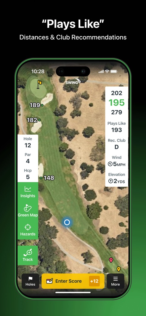 SwingU: Golf GPS Range Finder - The app intelligently calculates 'Plays Like' distances factoring in live wind speed and elevation, then recommends the optimal club for precise shot execution.