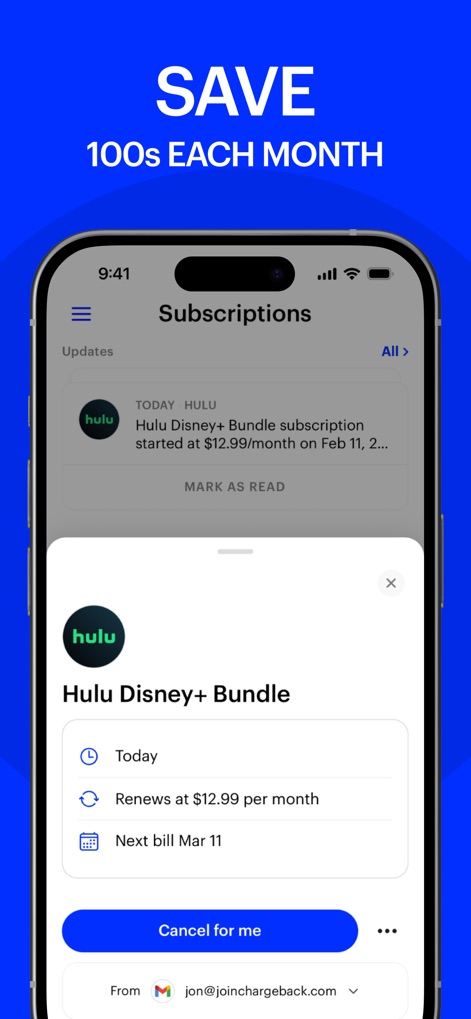 Cancel Subscriptions - La interfaz ofrece una vista detallada para cada servicio, mostrando información crucial como el precio "Renews at $12.99 per month" y un botón prominente "Cancel for me".