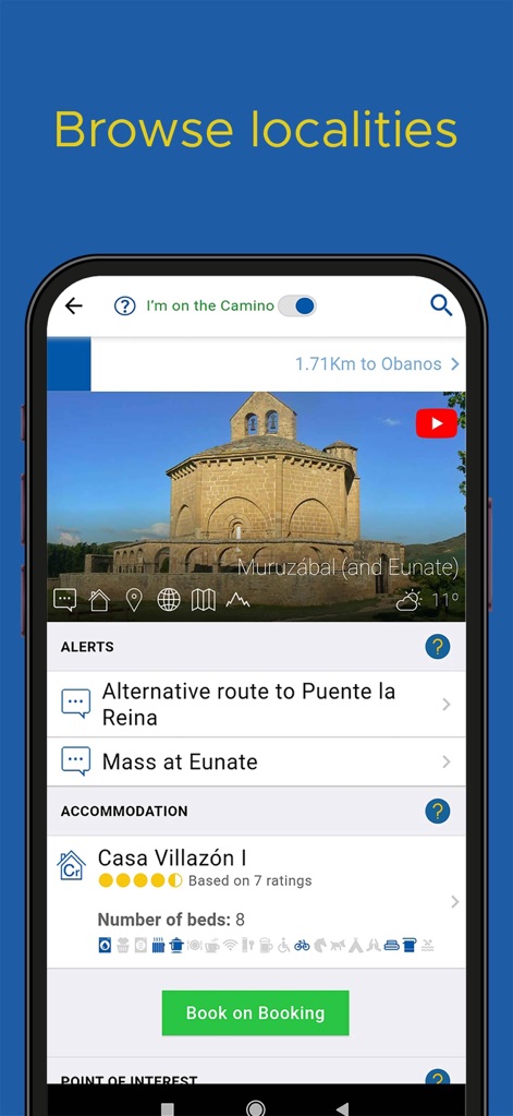 Buen Camino de Santiago App - Los usuarios pueden explorar información detallada de cada localidad, incluyendo alertas específicas y opciones de alojamiento con valoraciones y servicios disponibles.