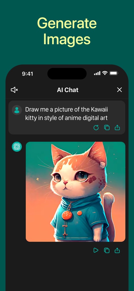 AI Chatbot with Сhat - Chatrun - The screenshot demonstrates how the app transforms text prompts into unique visuals, exemplified by the 'Kawaii kitty' image and the user's prompt input.