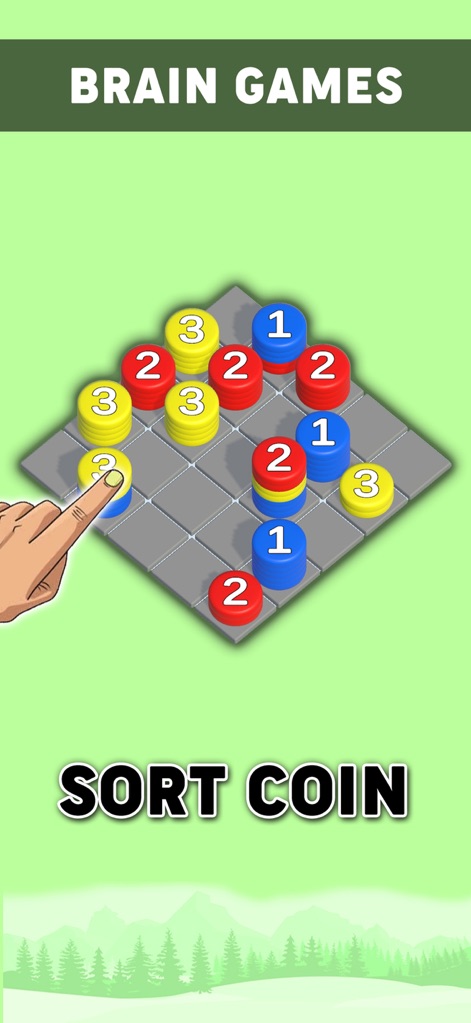 10000 Offline Games - No Wifi - La schermata presenta il gioco "Sort Coin" (X), dove gli utenti possono interagire con gettoni colorati e numerati disposti su una griglia, con una mano che simula l'azione di selezione (Y) per risolvere il puzzle.