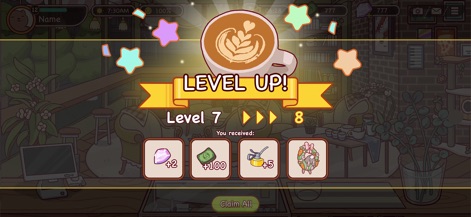 Good Coffee, Great Coffee - Nutzer werden bei Erreichen neuer Meilensteine mit einer motivierenden "LEVEL UP!" Benachrichtigung belohnt und erhalten gleichzeitig verschiedene In-Game-Belohnungen wie Edelsteine und Münzen.
