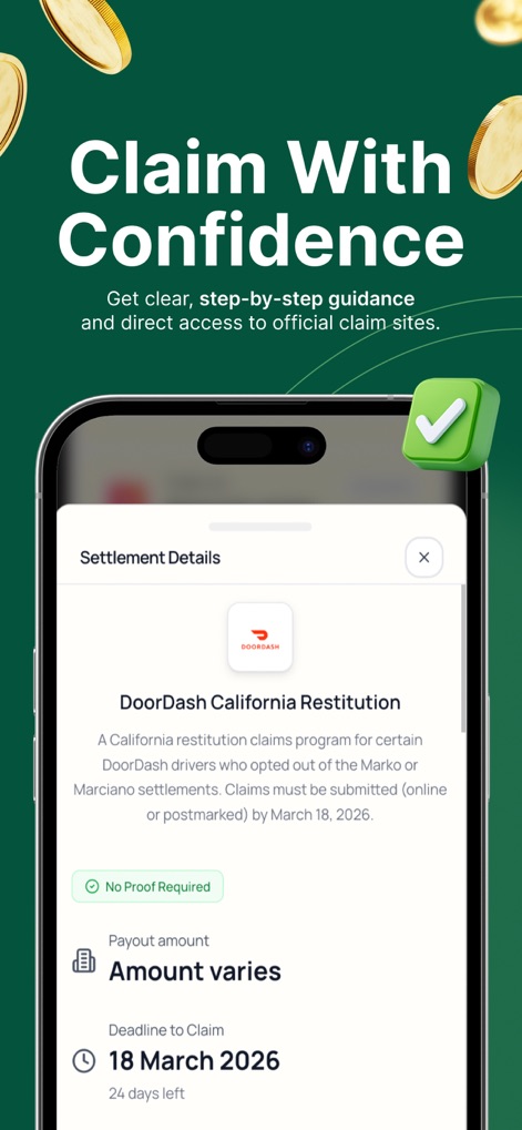 MoneyPilot: Class Action - The app presents transparent settlement details, including whether proof is required, and clearly displays important deadlines for each claim.