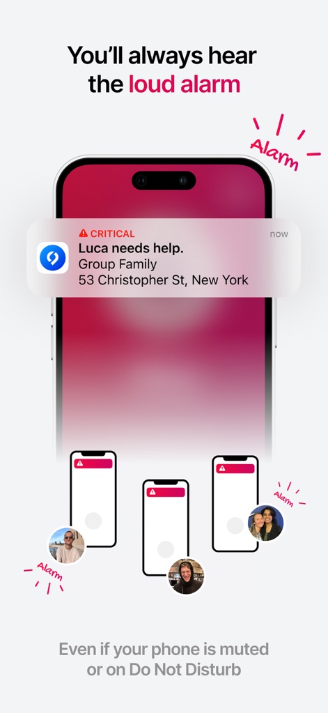 SafeNow™ - Discover the app's 'always-loud mode' feature, showcasing a critical alert notification with caller details and multiple phones receiving the alarm simultaneously, even when muted.