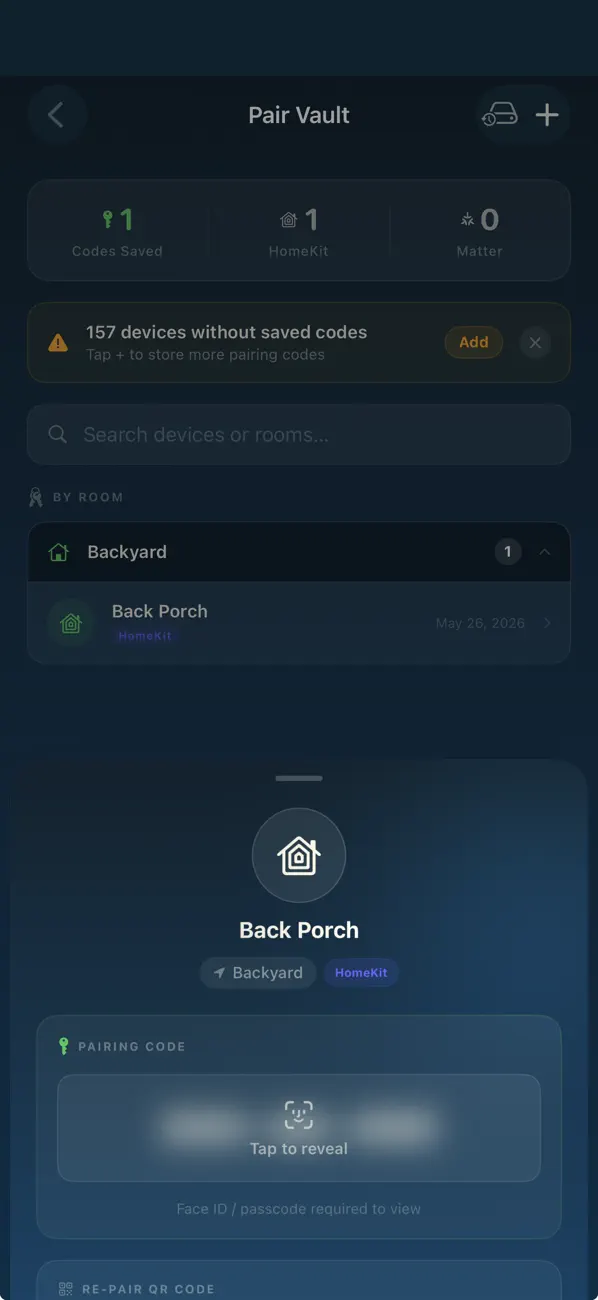 Pair Vault screen storing HomeKit and Matter pairing codes behind Face ID