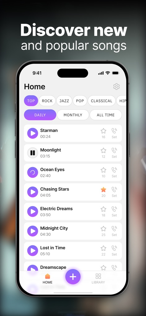 VibeCall - Ringtone Maker - The app showcases a vibrant discovery section where users can browse popular songs, categorized by dynamic genre and timeframe tabs, to find their next favorite sound.