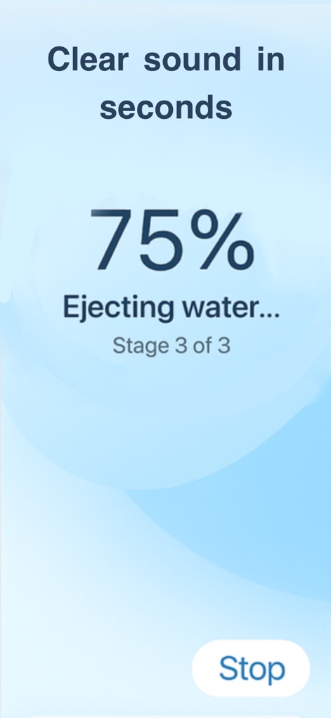 CleanSound: Speaker Cleaner - Observe the app's real-time water ejection process, featuring a clear percentage indicator and an accessible 'Stop' button for user control.