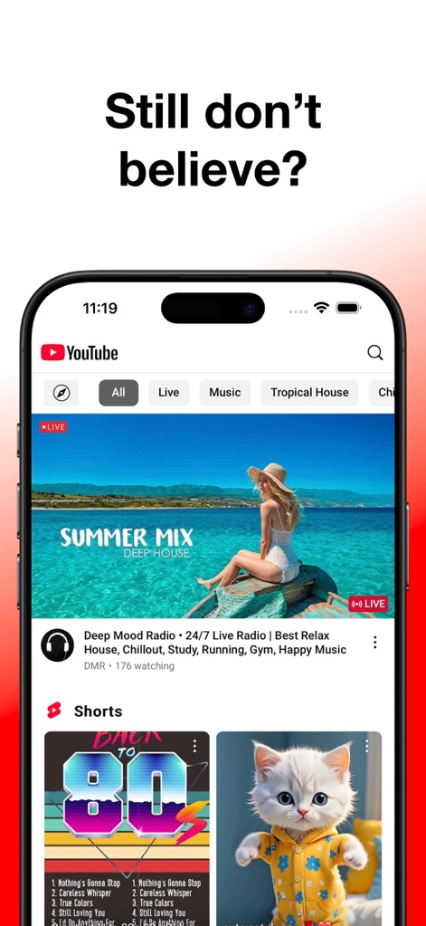 ProTube: Block Ads on Video - The app supports diverse content viewing, showcasing both an active live stream and the popular YouTube Shorts format, all within an optimized viewing environment.