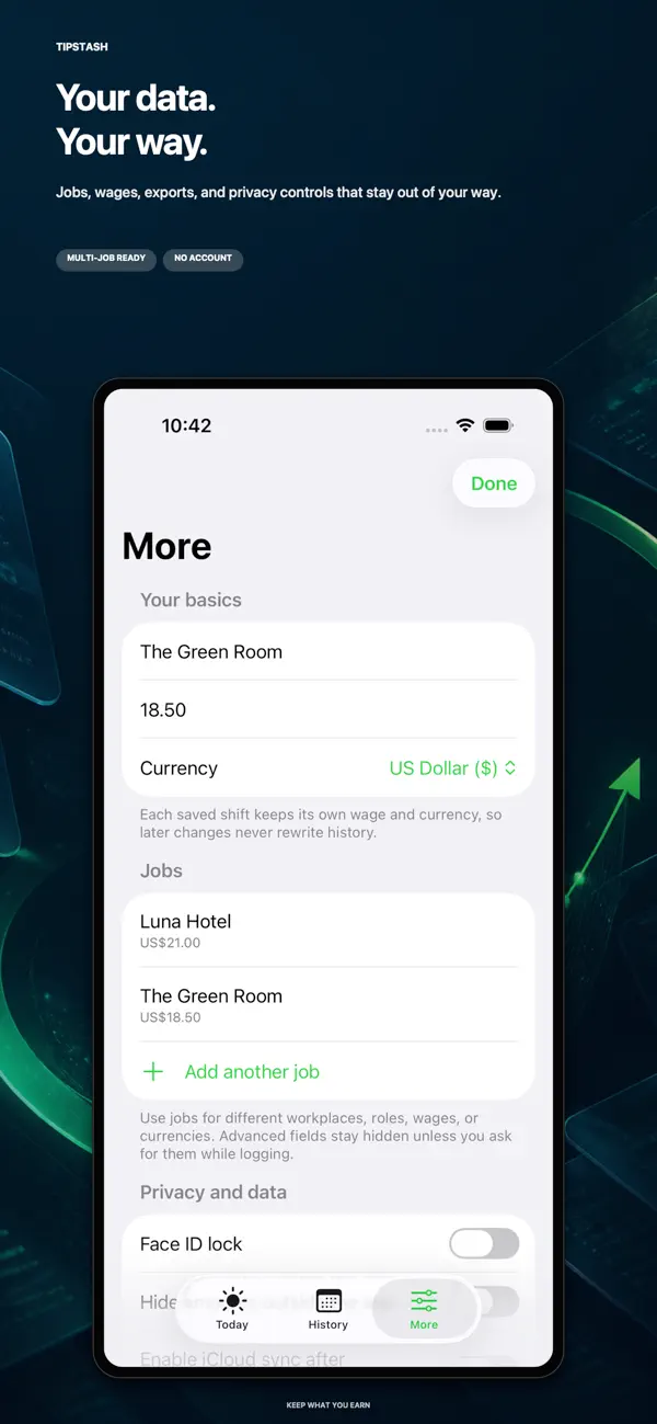 TipStash iPhone & iPad interface for A personal log for shifts, tips, and hourly earnings, from the official App Store gallery