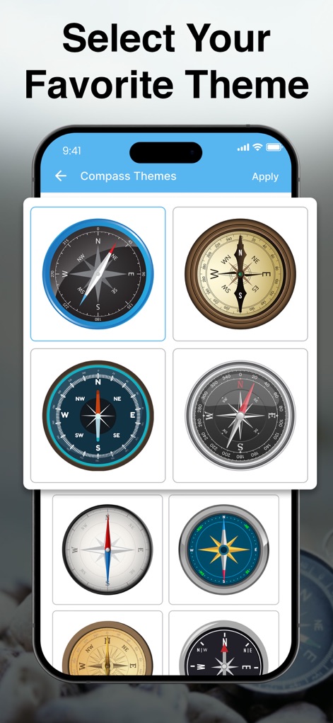 Compass App - Qibla finder - Os usuários podem personalizar a experiência com múltiplos temas de bússola, exibidos em uma grade de opções visuais diversas e um botão 'Aplicar' para seleção.