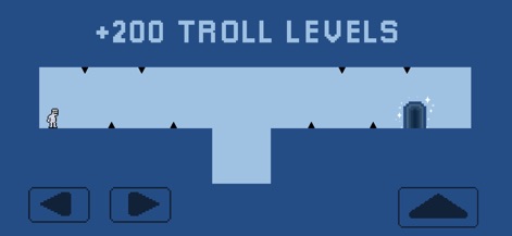 Die Again: Troll Game Ever - This image highlights the extensive '+200 TROLL LEVELS' available, complete with challenging spike traps.