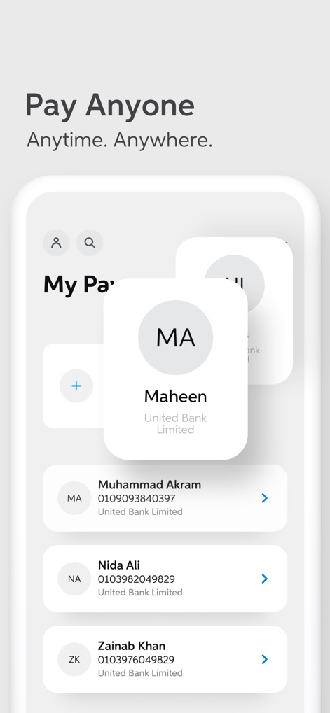 UBL Digital - Safe Banking - The 'Pay Anyone' feature allows users to manage contacts with a clear list view and add new recipients easily with the '+' button.