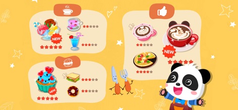 Super Panda Cafe- Cooking Game - The app presents a diverse culinary menu featuring numerous food and drink options with star ratings, while also highlighting exciting new items available for creation.