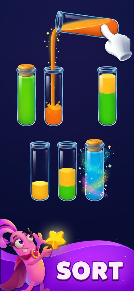 Sort Jam - Esta captura ilustra la acción de verter líquido entre tubos, destacando la interacción fluida y la magia visual con un efecto de brillo, y el personaje 'Sort' que sostiene una varita.