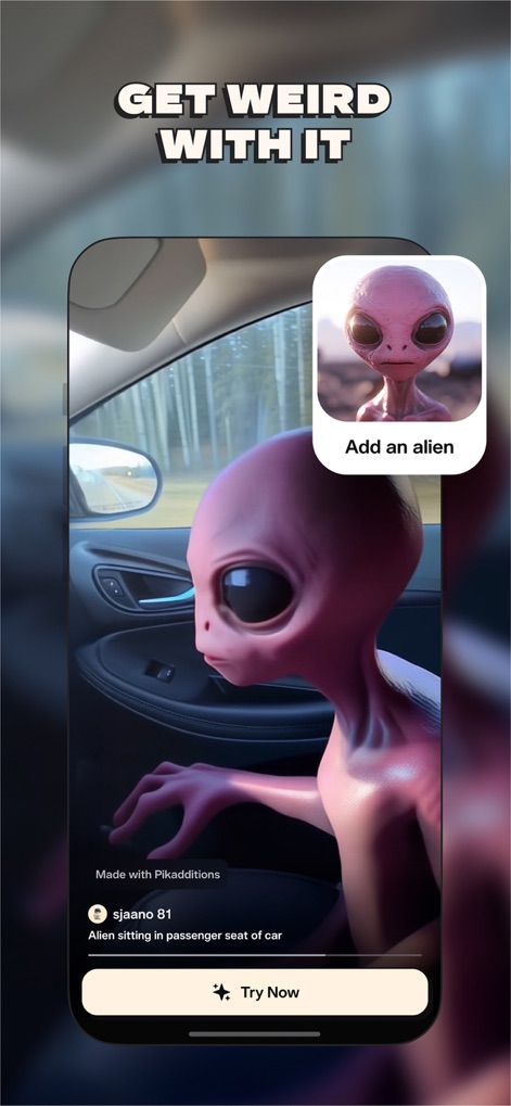 Pikaffects by Pika - Les utilisateurs peuvent laisser libre cours à leur imagination en intégrant des éléments fantastiques, comme l'ajout d'un "alien" à un décor existant, transformant ainsi des vidéos ordinaires en créations extraordinaires grâce aux "Pikadditions".