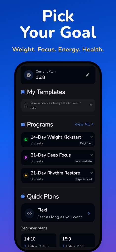 Fasting Tracker • Easy Fast - This tool presents a variety of structured fasting programs such as '14-Day Weight Kickstart' and offers flexible quick plans like '14:10' for diverse user needs.