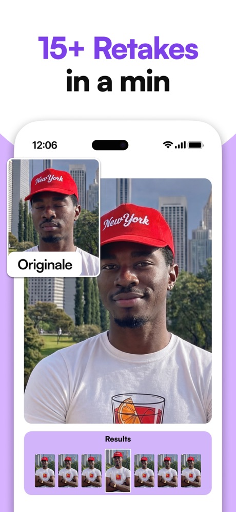 Retake AI Face & Selfie Editor App Store screenshot 6, headline “15+ Retakes”. Purple.