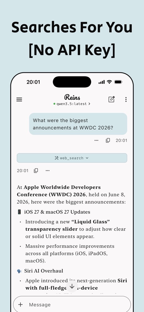 Reins: for Ollama & LM Studio App Store screenshot 2, headline “Searches For You”. Subline adds a second benefit.