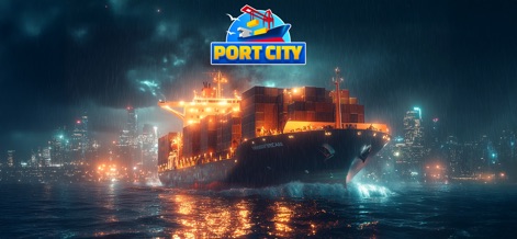 Port City: Ship Simulator - Plongez dans l'univers de Port City: Ship Simulator où l'impressionnant navire-conteneur illumine le port et les gratte-ciel scintillants témoignent de l'expansion urbaine.