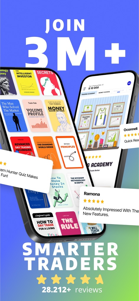 Trading Game - Stock Simulator - The app fosters learning by providing a rich library of "Quick Reads" from top finance books and showcasing positive testimonials from its community of over 3 million students.