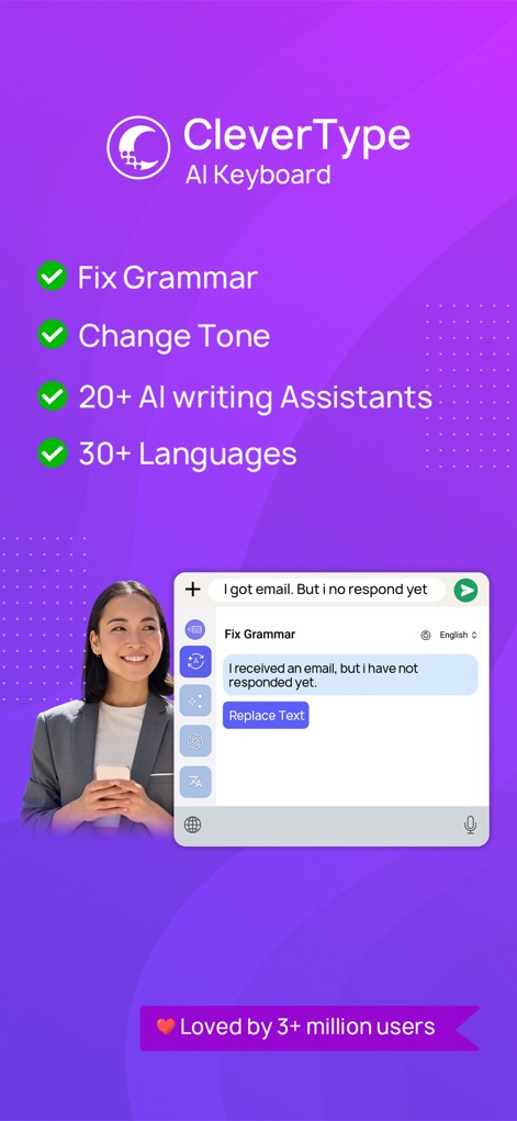 CleverType - AI Keyboard - See how the app visually highlights its multi-language support and demonstrates instant grammar correction within a messaging interface.