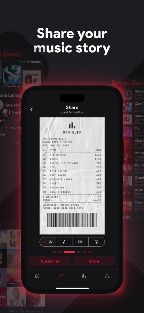 stats.fm for Apple Music - Generate unique shareable recaps in a stylish receipt format, allowing customization before sharing your musical journey.