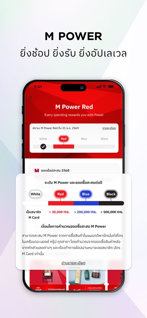 M Card Rewards & Lifestyle - L'app visualizza i distinti "Livelli M Power" (come White, Red, Blue e Black) e i relativi "spending thresholds" necessari per accedere a privilegi crescenti.