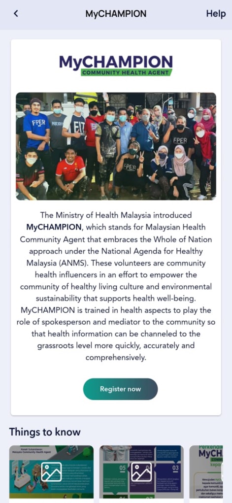 MySejahtera - Learn about the MyCHAMPION program, detailing its mission and providing a clear "Register now" call to action.
