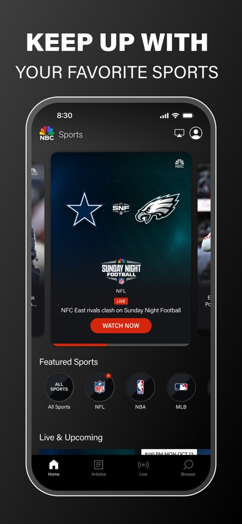 NBC Sports - このスクリーンショットでは、NFLの「Sunday Night Football」のライブ試合が大きく表示されており、ユーザーは「WATCH NOW」ボタンで視聴を開始できます。また、「Featured Sports」セクションには、NFLやNBAといった主要スポーツリーグのアイコンが視覚的に配置されています。