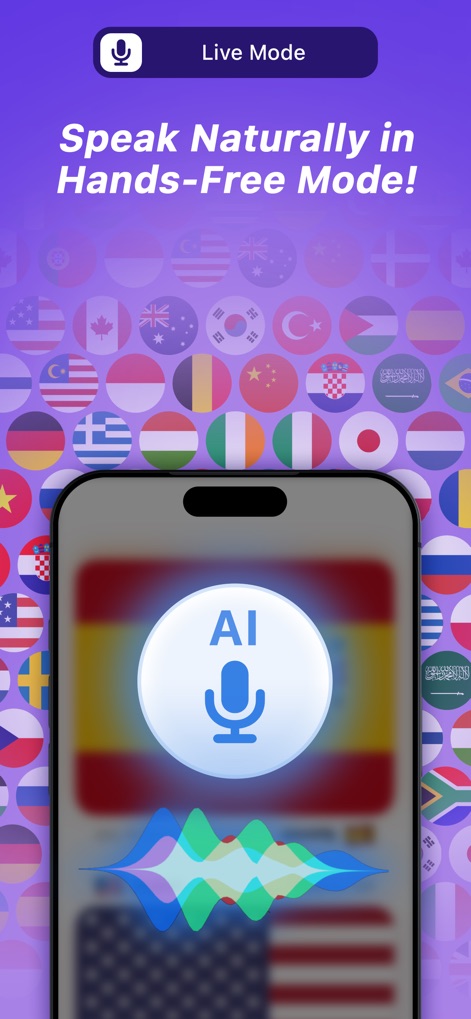 AirTranslator AirPod Translate - El modo manos libres se visualiza con el micrófono central "AI" y las ondas sonoras dinámicas, en un fondo vibrante compuesto por múltiples banderas de países.