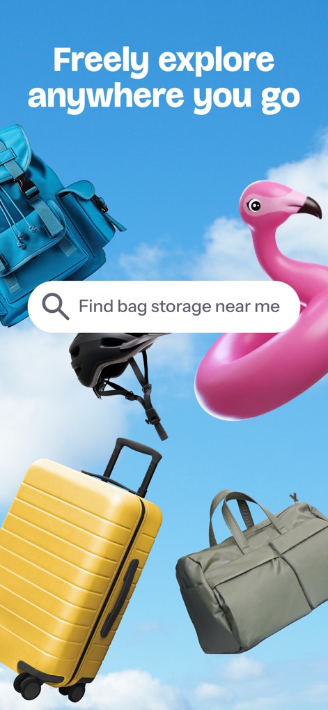Bounce: Luggage Storage Nearby - 사용자는 탐색을 위한 여행 가방, 헬멧 등의 다양한 소지품과 함께 '내 주변 가방 보관소 찾기' 검색창을 통해 편리하게 서비스를 이용할 수 있습니다.