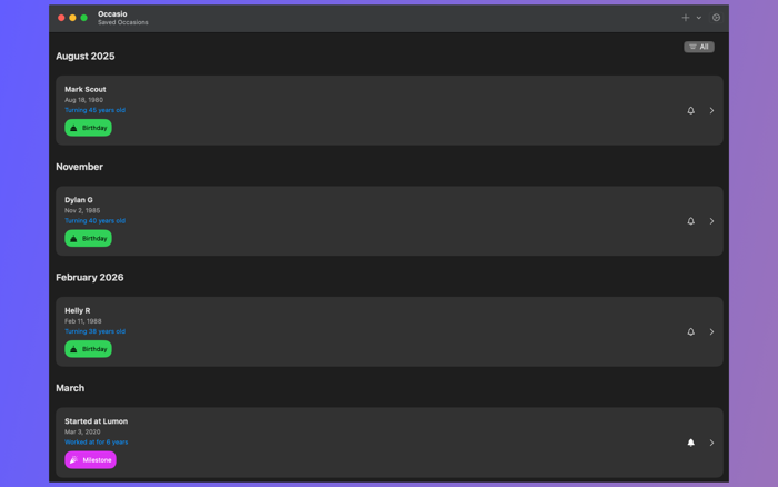 Occasio Annual Event Tracker