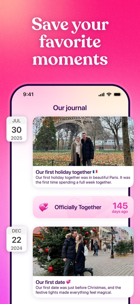 Couple Joy - Relationship App - A imagem destaca o diário compartilhado do casal, onde podem registrar momentos importantes com fotos e acompanhar marcos temporais.