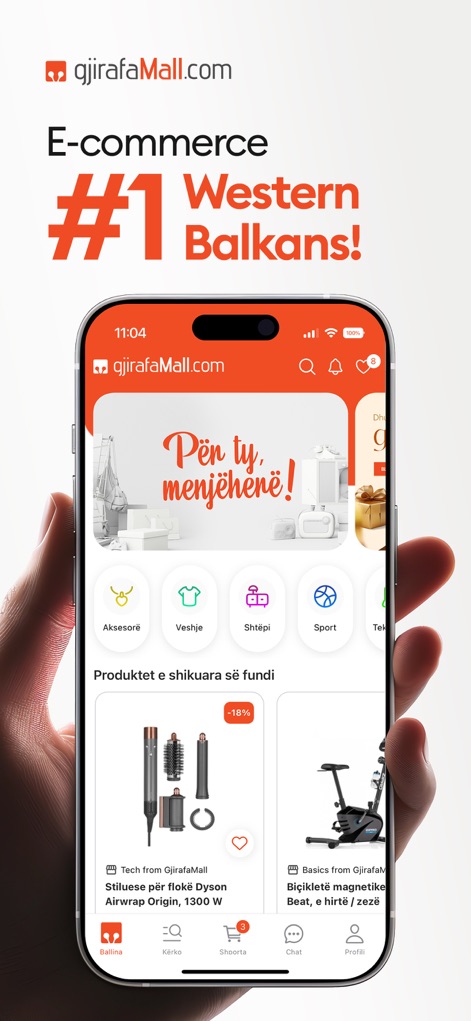 GjirafaMall - Explore the app's vibrant homepage, featuring a prominent "E-commerce #1 Western Balkans!" banner and a diverse array of product categories for every need.