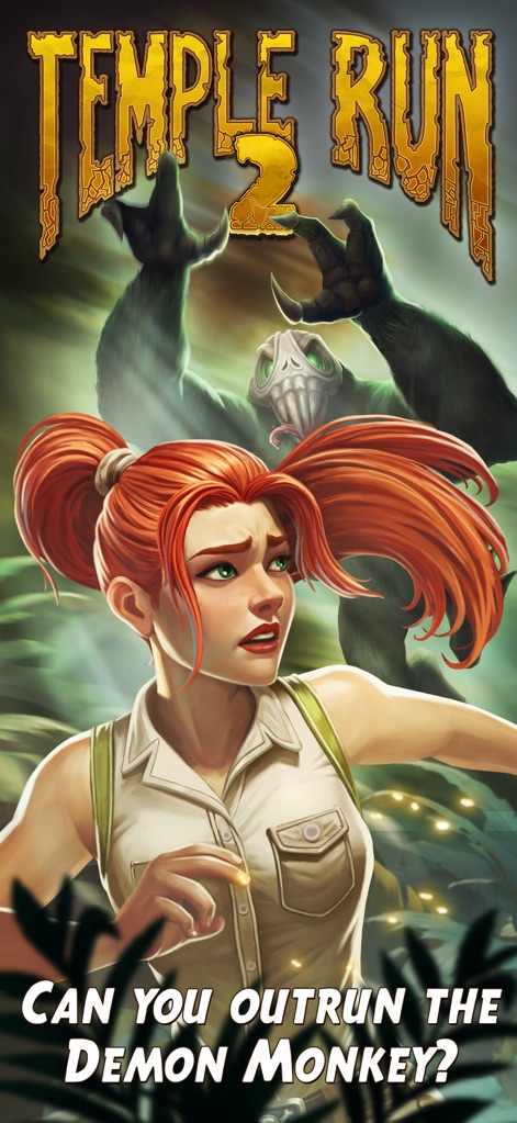 Temple Run 2: Endless Escape - The app's dramatic imagery features the iconic Demon Monkey lurking in the background, posing the central question of escape, highlighting the core challenge.