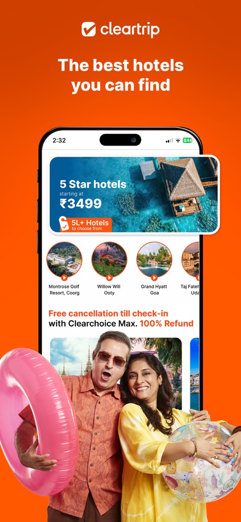 Cleartrip Flights, Hotels, Bus - 이 도구는 5성급 호텔을 포함한 수십만 개의 숙박 시설을 최저가로 제공하며, Clearchoice Max를 통한 체크인까지 무료 취소 및 100% 환불 기능을 지원합니다.