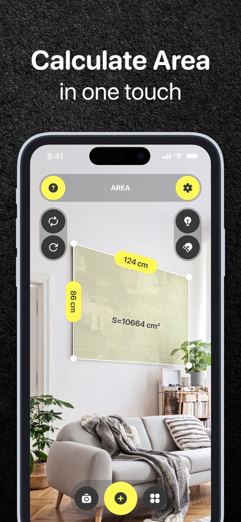 Tape Measure & Ruler Арр - Calculate complex surface areas with ease, showcasing both individual side measurements like '124 cm' and the total calculated area 'S=10664 cm²'.