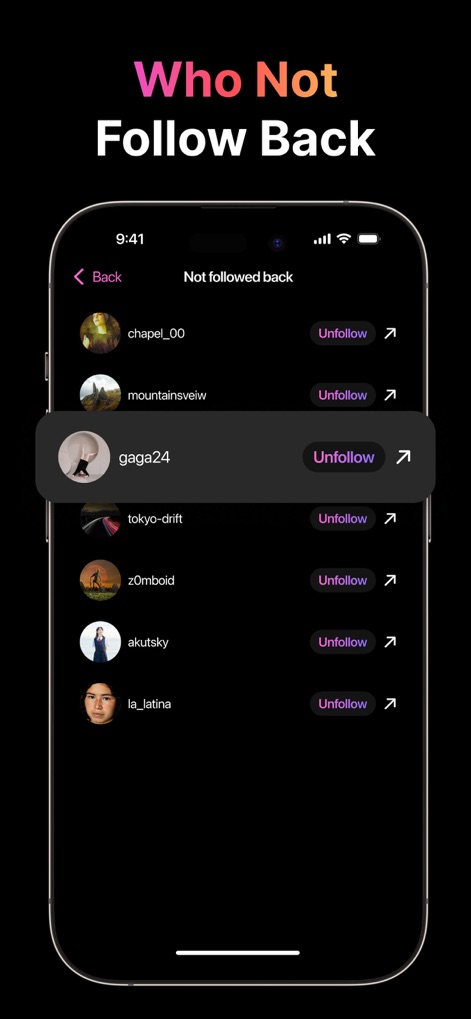 Unfollow Tracker & Reports - The dark theme provides a sleek view of accounts not following back, allowing users to unfollow directly from the list or explore profiles.