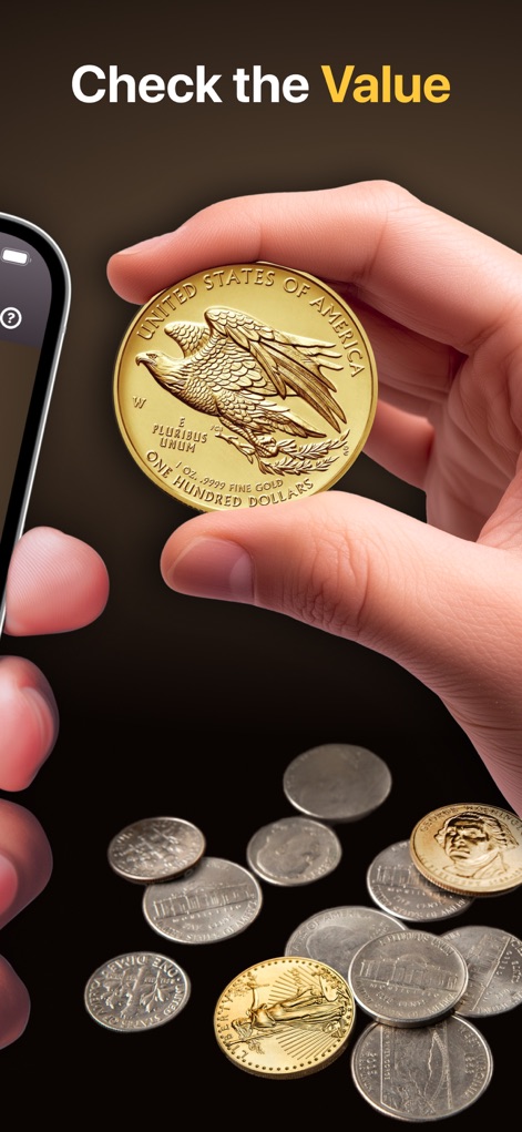 Coin Scanner & Value Checker - The app facilitates swift value verification, allowing users to scrutinize a prominent gold coin and utilize the clear 'Check the Value' function displayed.