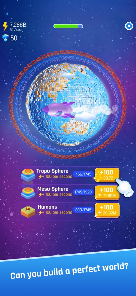 Idle World - Planet Miner - Observe the complex ecosystem development, indicated by the vibrant red orbital rings and the available upgrade options for 'Meso-Sphere' and 'Humans'.