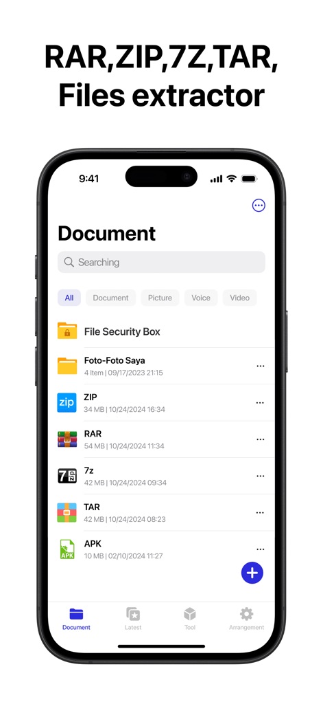 Zip & RAR & 7z File Extractor - See how this tool provides comprehensive support for diverse archive types like ZIP and RAR, and effortlessly categorizes files into Documents and Pictures.