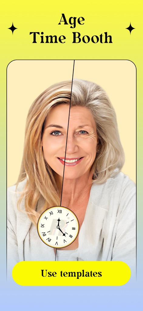 Ritmo Video: AI Video Generate - This tool offers a captivating glimpse into future aging, dynamically splitting a portrait to show both youthful and aged appearances with a pendulum effect.