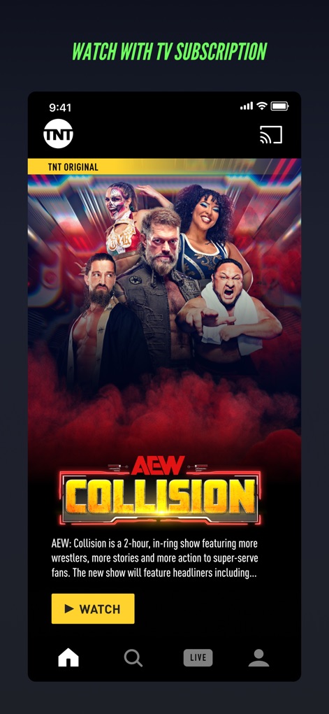 Watch TNT - Users can explore exclusive TNT original series like "AEW: Collision" and initiate viewing with the prominent "WATCH" button.